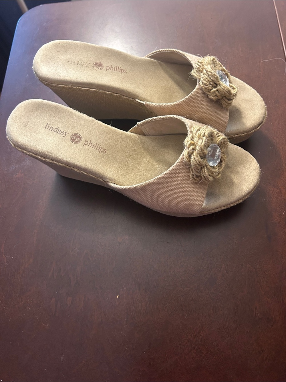 lindsay phillips Tan Wedge Slide Sandals with Braided Jute Flower and Gem